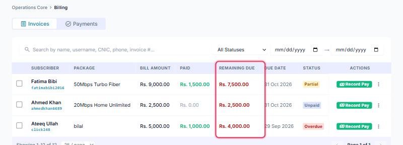 Real myisphub screenshot: the Billing page showing real subscribers with Partial, Unpaid, and Overdue invoices and their remaining dues