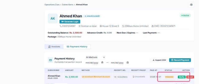 Real myisphub screenshot: a real subscriber's Payment History showing a pending JazzCash proof with Verify and Reject actions