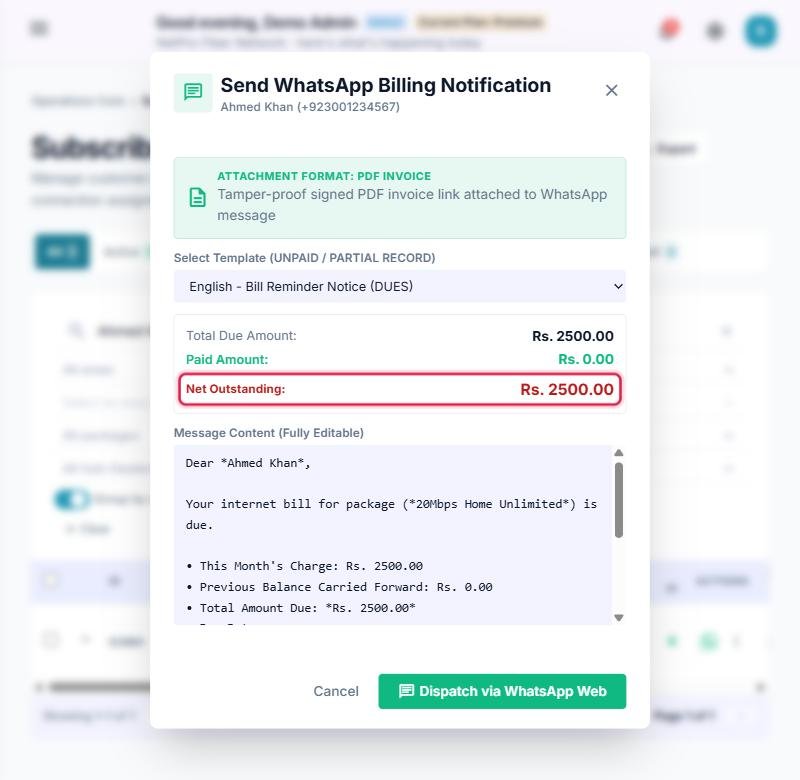 Real myisphub screenshot: the Send WhatsApp Billing Notification dialog showing an itemized bill and net outstanding amount for a real subscriber